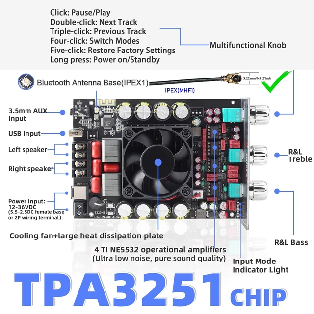 Alt view image 2 of 6 - 440W Audio Amplifier Board with Treble and Bass Control, TPA3251 Chips, DC 12-36V, Bluetooth 5.2 and AUX Inputs, 2.0 Channel Stereo AMP Board for DIY Wireless Speakers