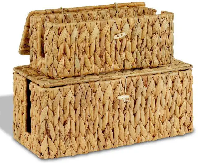 Main image of 2 Pack Water Hyacinth Floor Cord Covers with Lid, Hand-woven Cable Management Box, 2 Open Slots Cord Box to to Hide USB Wire, Power Strip & Charger for Home & Office and Dorm, Natural