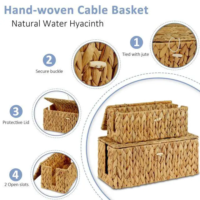 Alt view image 3 of 7 - 2 Pack Water Hyacinth Floor Cord Covers with Lid, Hand-woven Cable Management Box, 2 Open Slots Cord Box to to Hide USB Wire, Power Strip & Charger for Home & Office and Dorm, Natural