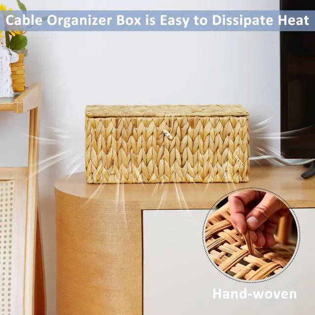 Alt view image 5 of 7 - 2 Pack Water Hyacinth Floor Cord Covers with Lid, Hand-woven Cable Management Box, 2 Open Slots Cord Box to to Hide USB Wire, Power Strip & Charger for Home & Office and Dorm, Natural