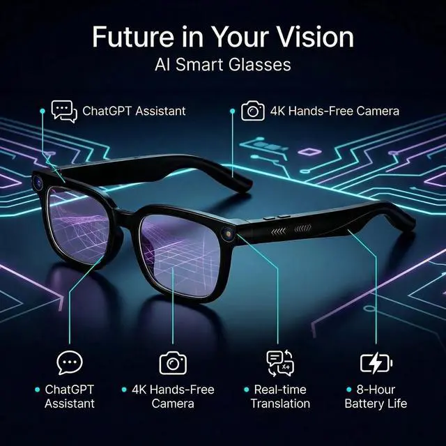 Alt view image 2 of 6 - AI Smart Glasses with Camer, Bluetooth Glasses with 4K HD Video & 164+ Language Real-Time Translation Built-in ChatGPT, 8-Hour Battery IP67 Waterproof for Men and Women Outdoor Activities
