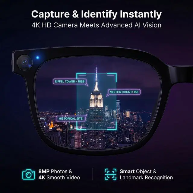 Alt view image 4 of 6 - AI Smart Glasses with Camer, Bluetooth Glasses with 4K HD Video & 164+ Language Real-Time Translation Built-in ChatGPT, 8-Hour Battery IP67 Waterproof for Men and Women Outdoor Activities