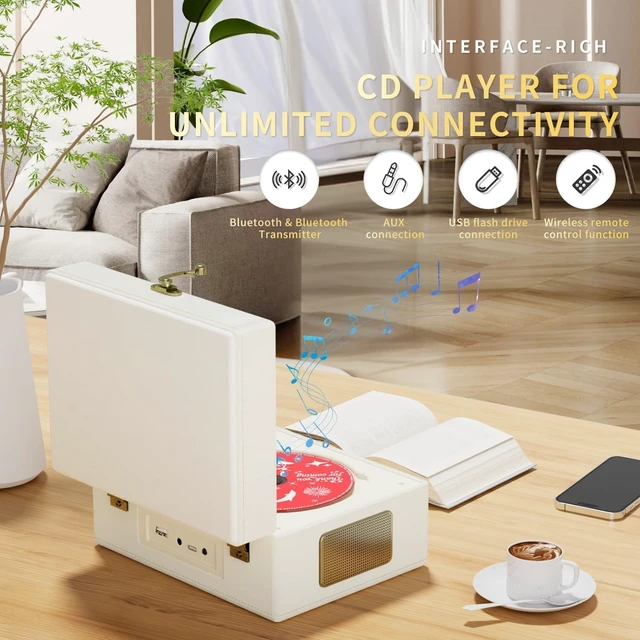 Alt view image 2 of 7 - Rechargeable Leather CD Player with Speakers, Bluetooth Transmitter, Festival Gift, BGM Player for Home Decor., White