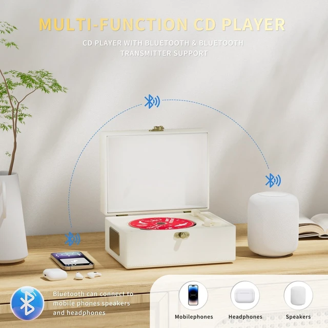 Alt view image 4 of 7 - Rechargeable Leather CD Player with Speakers, Bluetooth Transmitter, Festival Gift, BGM Player for Home Decor., White