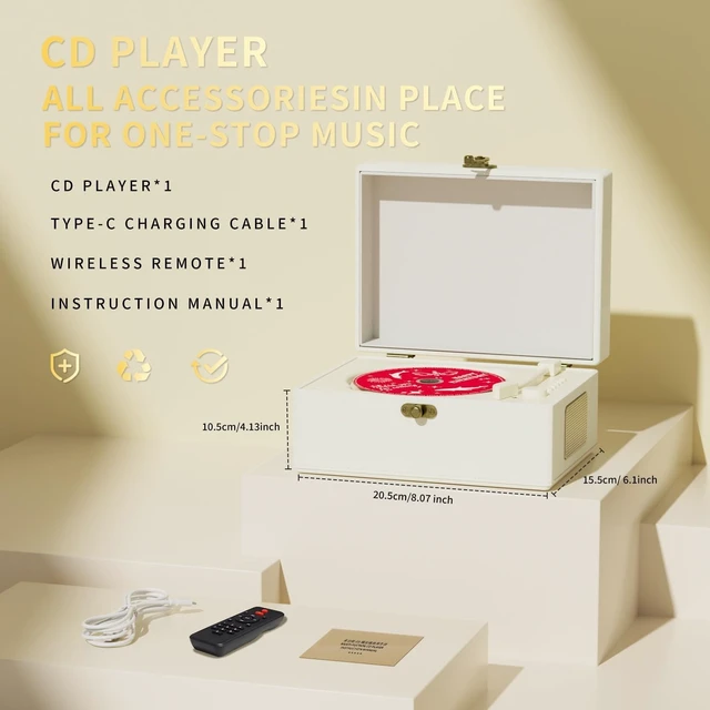 Alt view image 5 of 7 - Rechargeable Leather CD Player with Speakers, Bluetooth Transmitter, Festival Gift, BGM Player for Home Decor., White