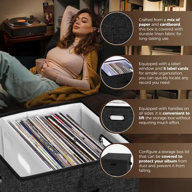 Alt view image 4 of 7 - Sturdy Vinyl Record Storage Box - Album Storage Holds up 50+ Single Record | LP Storage Organizer Crate With Lid, Decorative Moving Box For Records, Solutions to Protect Your Precious Collection Black