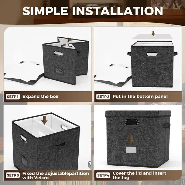 Alt view image 5 of 7 - Sturdy Vinyl Record Storage Box - Album Storage Holds up 50+ Single Record | LP Storage Organizer Crate With Lid, Decorative Moving Box For Records, Solutions to Protect Your Precious Collection Black