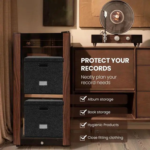 Alt view image 6 of 7 - Sturdy Vinyl Record Storage Box - Album Storage Holds up 50+ Single Record | LP Storage Organizer Crate With Lid, Decorative Moving Box For Records, Solutions to Protect Your Precious Collection Black