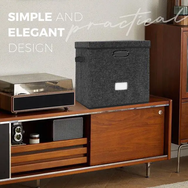 Alt view image 7 of 7 - Sturdy Vinyl Record Storage Box - Album Storage Holds up 50+ Single Record | LP Storage Organizer Crate With Lid, Decorative Moving Box For Records, Solutions to Protect Your Precious Collection Black