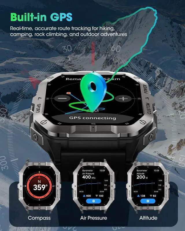 Alt view image 2 of 7 - Military Smart Watch Built-in GPS,Bluetooth Calling, for iPhone & Android | 100+ Sport Modes for Men Fitness watch, Smartwatch with Heart Rate & Sleep Tracking, 2ATM Waterproof, Black
