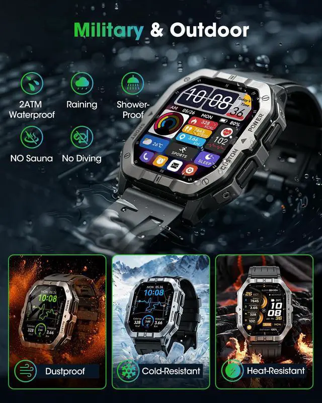 Alt view image 3 of 7 - Military Smart Watch Built-in GPS,Bluetooth Calling, for iPhone & Android | 100+ Sport Modes for Men Fitness watch, Smartwatch with Heart Rate & Sleep Tracking, 2ATM Waterproof, Black