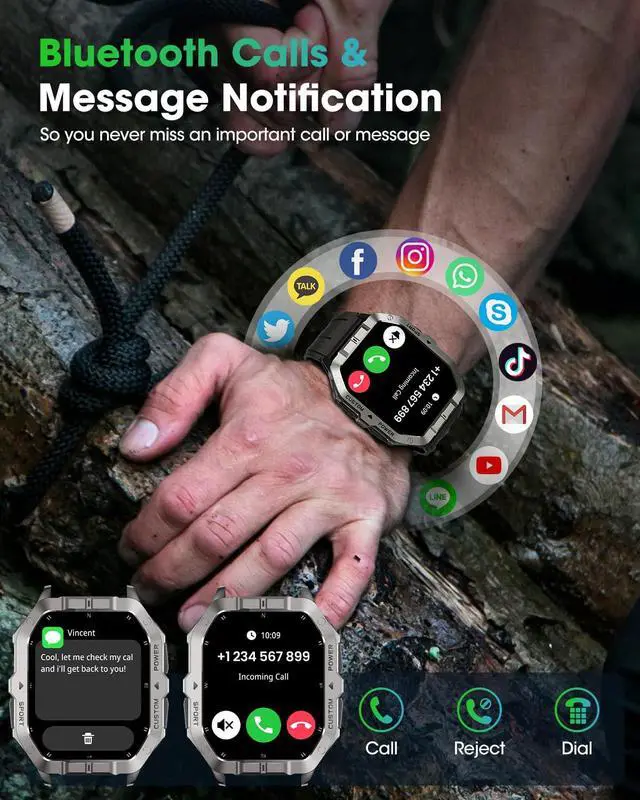 Alt view image 5 of 7 - Military Smart Watch Built-in GPS,Bluetooth Calling, for iPhone & Android | 100+ Sport Modes for Men Fitness watch, Smartwatch with Heart Rate & Sleep Tracking, 2ATM Waterproof, Black