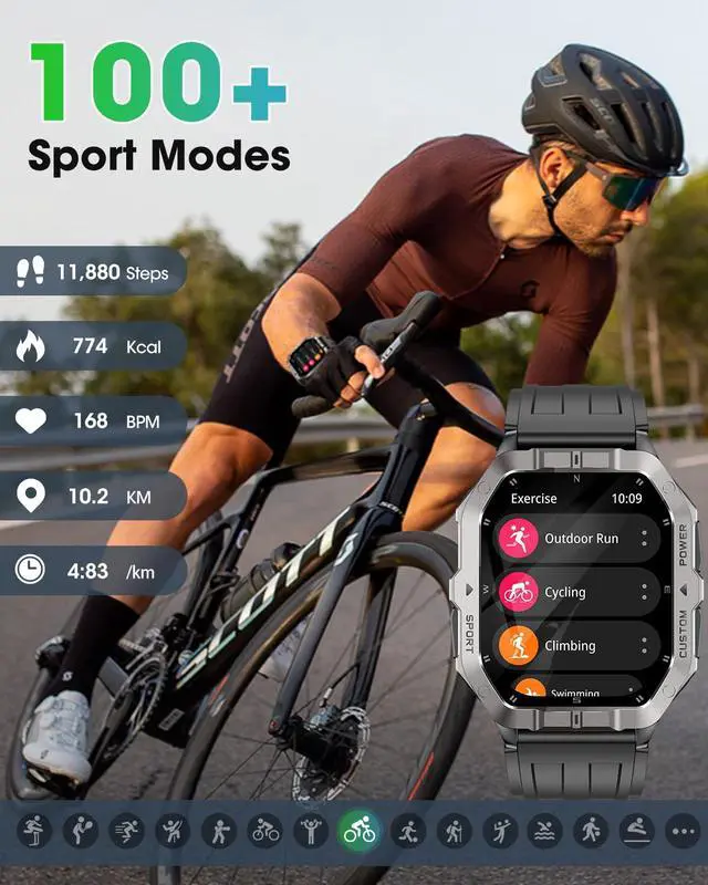 Alt view image 6 of 7 - Military Smart Watch Built-in GPS,Bluetooth Calling, for iPhone & Android | 100+ Sport Modes for Men Fitness watch, Smartwatch with Heart Rate & Sleep Tracking, 2ATM Waterproof, Black