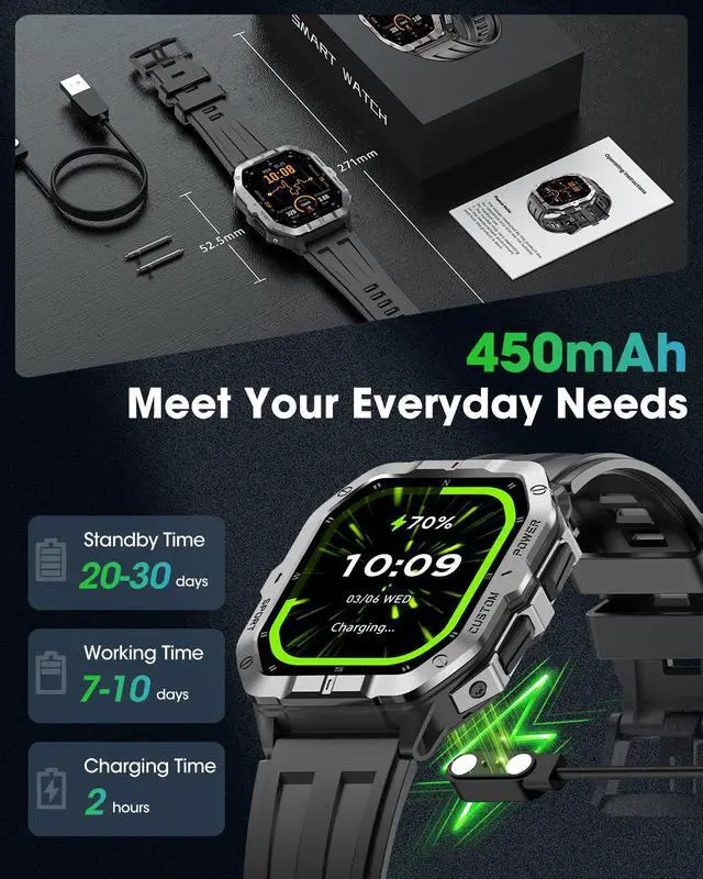 Alt view image 7 of 7 - Military Smart Watch Built-in GPS,Bluetooth Calling, for iPhone & Android | 100+ Sport Modes for Men Fitness watch, Smartwatch with Heart Rate & Sleep Tracking, 2ATM Waterproof, Black