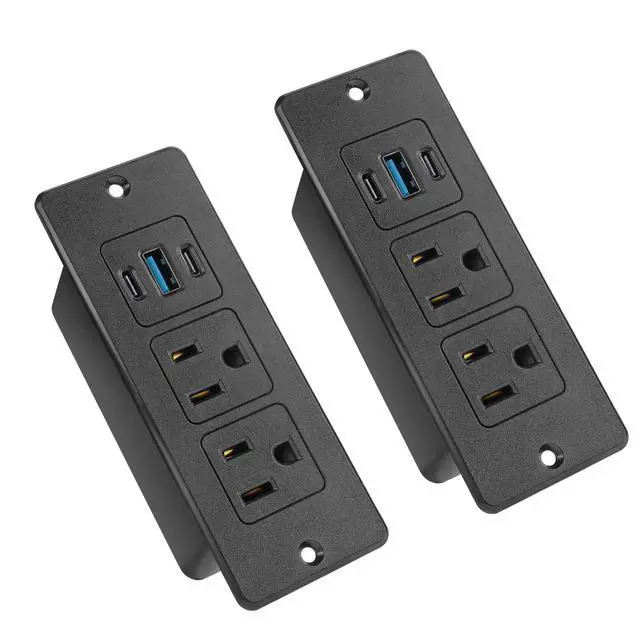 Main image of 2Pack Recessed Power Strip, 20W USB-C Furniture Outlet, Black, 6FT | 2 AC + 3 USB (2 USB-C, 1 USB-A), Flush Mount, Space-Saving, Easy Install, For Desk, Bedside, Drawer, Conference Table