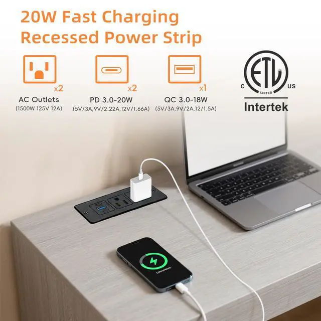 Alt view image 3 of 7 - 2Pack Recessed Power Strip, 20W USB-C Furniture Outlet, Black, 6FT | 2 AC + 3 USB (2 USB-C, 1 USB-A), Flush Mount, Space-Saving, Easy Install, For Desk, Bedside, Drawer, Conference Table