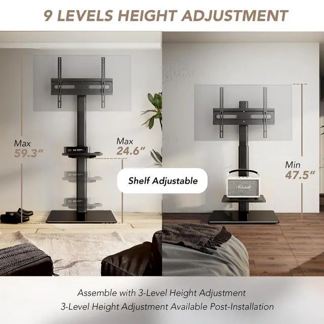 Alt view image 3 of 7 - Universal Floor TV Stand with Mount 70 Degree Swivel 9 Level Height Adjustable and Space Saving Design for Most 27 to 65 inch LCD, LED OLED TVs One Shelf