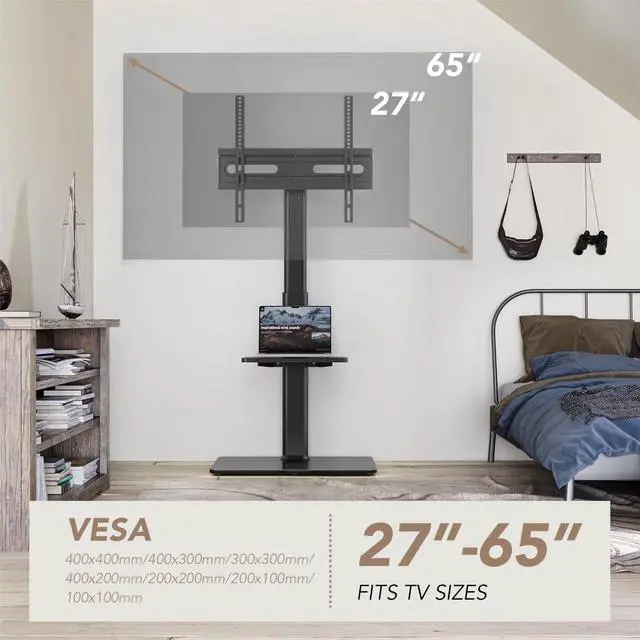 Alt view image 4 of 7 - Universal Floor TV Stand with Mount 70 Degree Swivel 9 Level Height Adjustable and Space Saving Design for Most 27 to 65 inch LCD, LED OLED TVs One Shelf