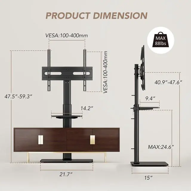 Alt view image 5 of 7 - Universal Floor TV Stand with Mount 70 Degree Swivel 9 Level Height Adjustable and Space Saving Design for Most 27 to 65 inch LCD, LED OLED TVs One Shelf