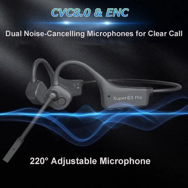 Alt view image 5 of 7 - Open Ear Bone Conduction Headphones with mic - Bluetooth Headset Waterproof Bone Conducting Earphones, Headphones Wireless Earbuds Set, with QCC Chip, CVC8.0 Noise-canceling