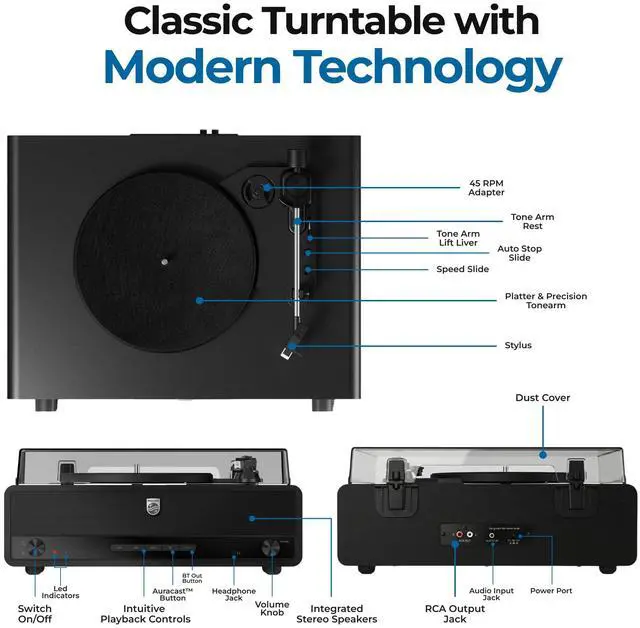 Alt view image 2 of 7 - Record Player, All-in-One Bluetooth Turntable with Built-in Speakers, 3-Speed Belt-Drive Vinyl Record Player, Audio-Technica Stylus, Wireless Streaming in & Out, RCA/AUX/Headphone, Auto-Stop