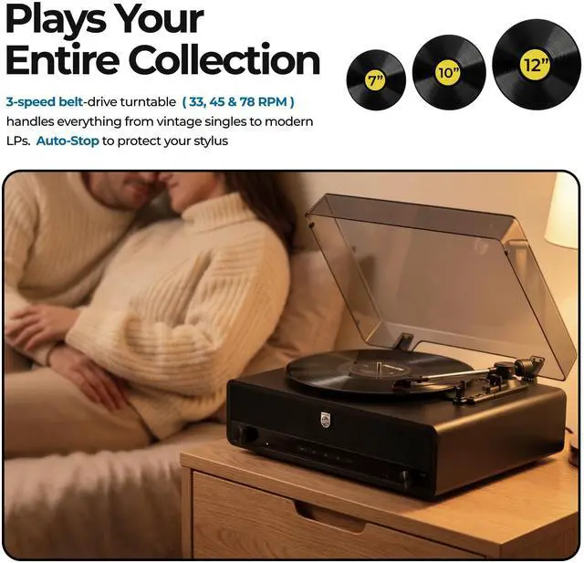 Alt view image 3 of 7 - Record Player, All-in-One Bluetooth Turntable with Built-in Speakers, 3-Speed Belt-Drive Vinyl Record Player, Audio-Technica Stylus, Wireless Streaming in & Out, RCA/AUX/Headphone, Auto-Stop
