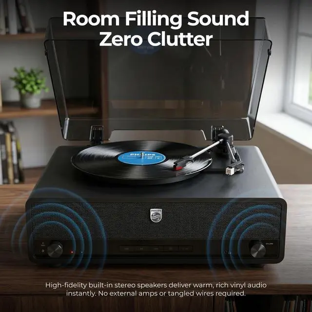 Alt view image 4 of 7 - Record Player, All-in-One Bluetooth Turntable with Built-in Speakers, 3-Speed Belt-Drive Vinyl Record Player, Audio-Technica Stylus, Wireless Streaming in & Out, RCA/AUX/Headphone, Auto-Stop