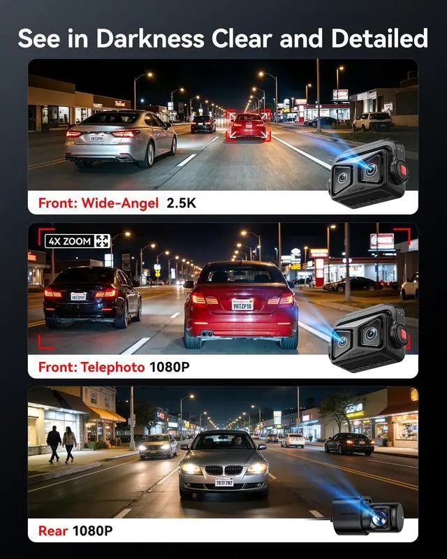 Alt view image 4 of 7 - ZP1 Telephoto+Wide Dash Cam, 4X Zoom, STARVIS 2, EIS Night Vision | 100ft Plate Recognition, Dashcam Front and Rear Camera with Dual HDR, 5.8GHz WiFi, Touch&Voice Control, Image Stabilization