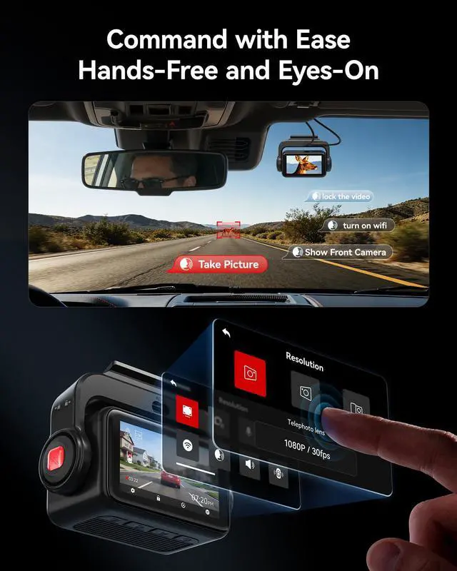 Alt view image 5 of 7 - ZP1 Telephoto+Wide Dash Cam, 4X Zoom, STARVIS 2, EIS Night Vision | 100ft Plate Recognition, Dashcam Front and Rear Camera with Dual HDR, 5.8GHz WiFi, Touch&Voice Control, Image Stabilization