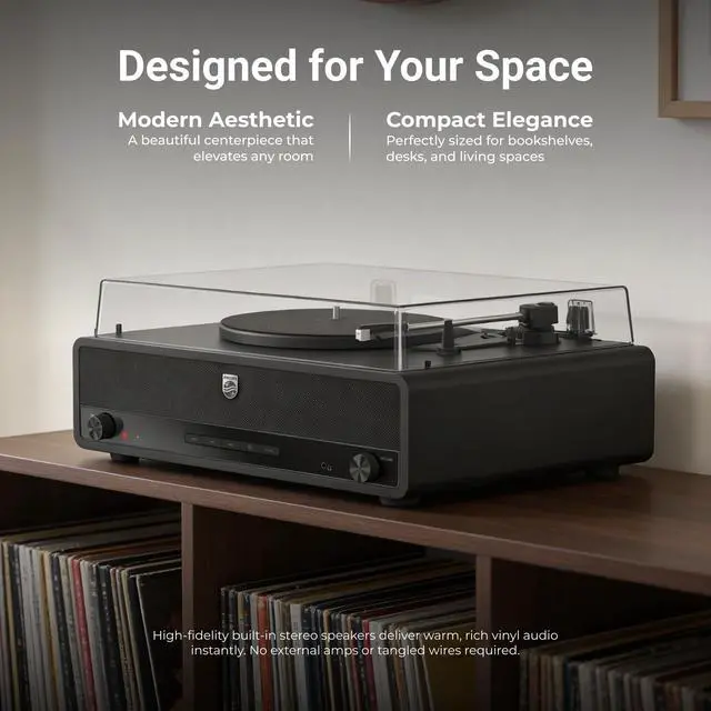 Alt view image 6 of 7 - Record Player, All-in-One Bluetooth Turntable with Built-in Speakers, 3-Speed Belt-Drive Vinyl Record Player, Audio-Technica Stylus, Wireless Streaming in & Out, RCA/AUX/Headphone, Auto-Stop