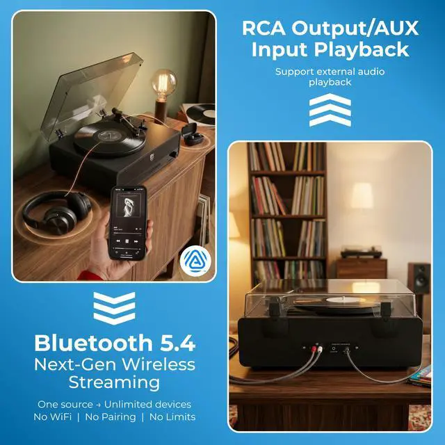 Alt view image 5 of 7 - Record Player, All-in-One Bluetooth Turntable with Built-in Speakers, 3-Speed Belt-Drive Vinyl Record Player, Audio-Technica Stylus, Wireless Streaming in & Out, RCA/AUX/Headphone, Auto-Stop