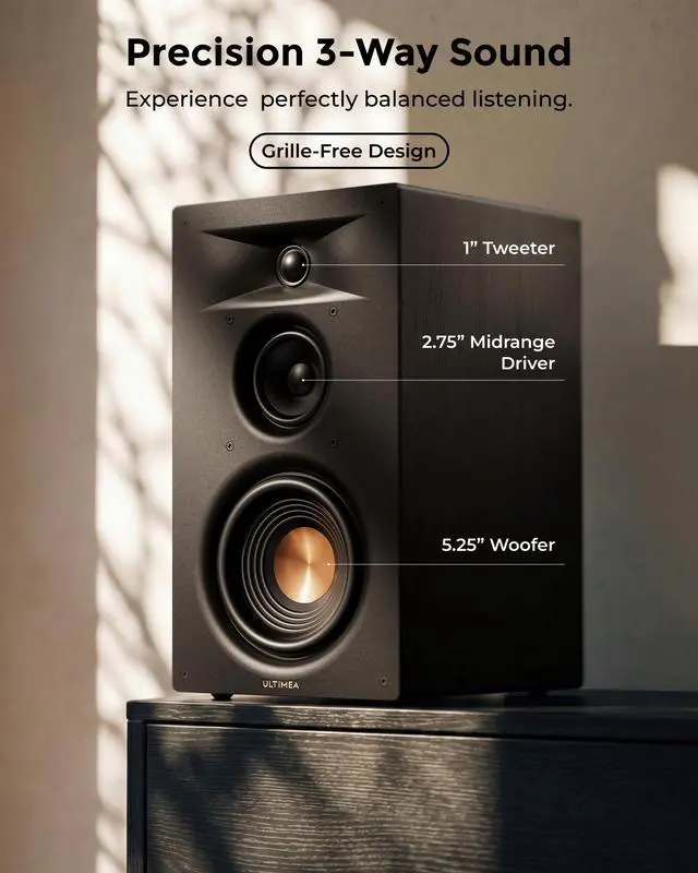Alt view image 3 of 7 - 3-Way Powered Bookshelf Speakers, Bluetooth 6.0, 70W RMS, BS-3 | 5.25" Woofer, HDMI ARC, Clear Dialogue, Deep Bass, Clear Highs, SUB OUT, RCA Input, App EQ, Easy Setup, TV, Music & Turntable