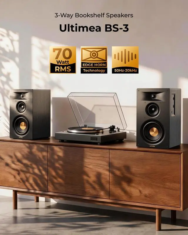 Alt view image 2 of 7 - 3-Way Powered Bookshelf Speakers, Bluetooth 6.0, 70W RMS, BS-3 | 5.25" Woofer, HDMI ARC, Clear Dialogue, Deep Bass, Clear Highs, SUB OUT, RCA Input, App EQ, Easy Setup, TV, Music & Turntable
