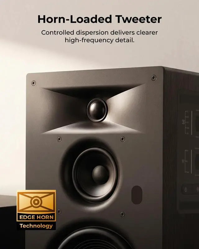 Alt view image 4 of 7 - 3-Way Powered Bookshelf Speakers, Bluetooth 6.0, 70W RMS, BS-3 | 5.25" Woofer, HDMI ARC, Clear Dialogue, Deep Bass, Clear Highs, SUB OUT, RCA Input, App EQ, Easy Setup, TV, Music & Turntable