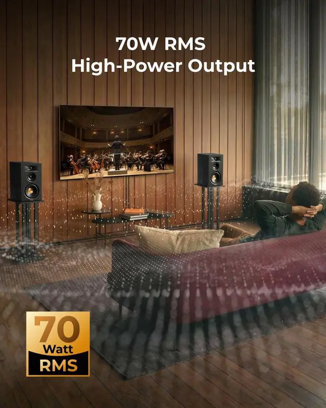 Alt view image 6 of 7 - 3-Way Powered Bookshelf Speakers, Bluetooth 6.0, 70W RMS, BS-3 | 5.25" Woofer, HDMI ARC, Clear Dialogue, Deep Bass, Clear Highs, SUB OUT, RCA Input, App EQ, Easy Setup, TV, Music & Turntable