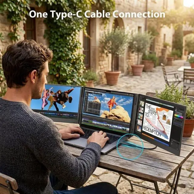 Alt view image 5 of 7 - One Cable Laptop Screen Extender, 15.6" FHD 1080P IPS Portable Monitor, Ultra-Slim Travel Dual Monitor Fits 13-17" Laptops, Triple Monitor Compatible with Mac/Windows(Driver Required)