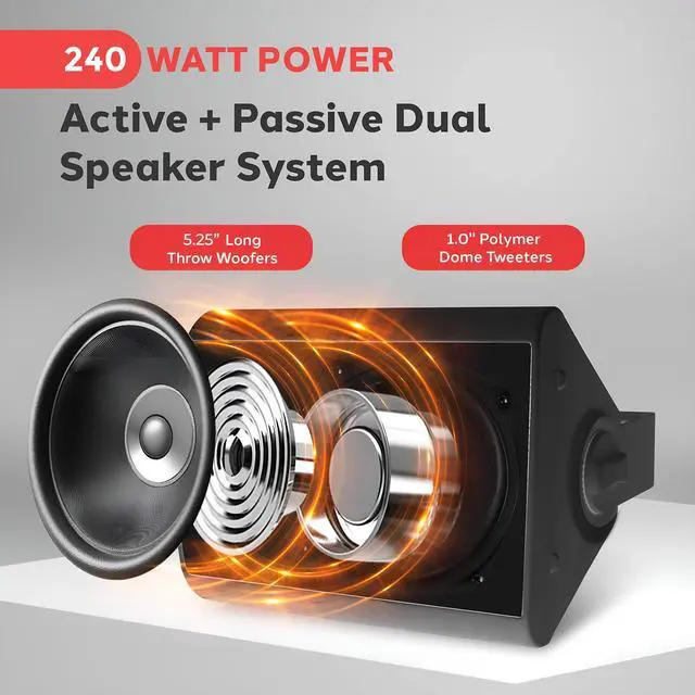 Alt view image 5 of 7 - Waterproof Wall Mount Speaker System - 5.25 Inch Active + Passive Pair Wireless Bluetooth Compatible Indoor/Outdoor Stereo Sound Set with AUX IN - PDWR52BTBK (Black)
