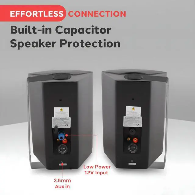 Alt view image 7 of 7 - Waterproof Wall Mount Speaker System - 5.25 Inch Active + Passive Pair Wireless Bluetooth Compatible Indoor/Outdoor Stereo Sound Set with AUX IN - PDWR52BTBK (Black)