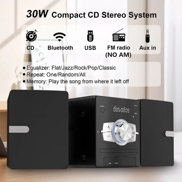 Alt view image 2 of 7 - Home Stereo System with CD Player, FM Radio, Bluetooth, AUX in, USB in, Earphone Jack, Remote Control Included, 30W HiFi Shelf Stereo System