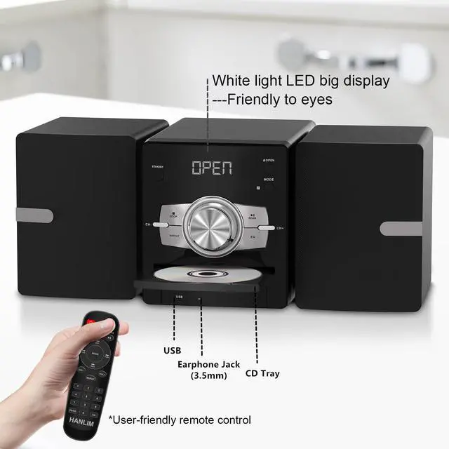 Alt view image 4 of 7 - Home Stereo System with CD Player, FM Radio, Bluetooth, AUX in, USB in, Earphone Jack, Remote Control Included, 30W HiFi Shelf Stereo System