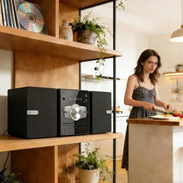 Alt view image 5 of 7 - Home Stereo System with CD Player, FM Radio, Bluetooth, AUX in, USB in, Earphone Jack, Remote Control Included, 30W HiFi Shelf Stereo System