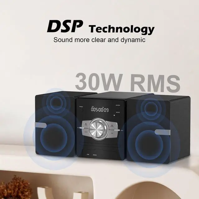 Alt view image 6 of 7 - Home Stereo System with CD Player, FM Radio, Bluetooth, AUX in, USB in, Earphone Jack, Remote Control Included, 30W HiFi Shelf Stereo System
