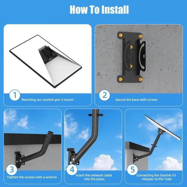 Alt view image 4 of 7 - Standard 4/4x/Gen 3 Wall & Roof Mount for Starlink, Adjustable Metal Bracket with Pipe Adapter Kit for V3 Dish, Weatherproof Heavy Duty