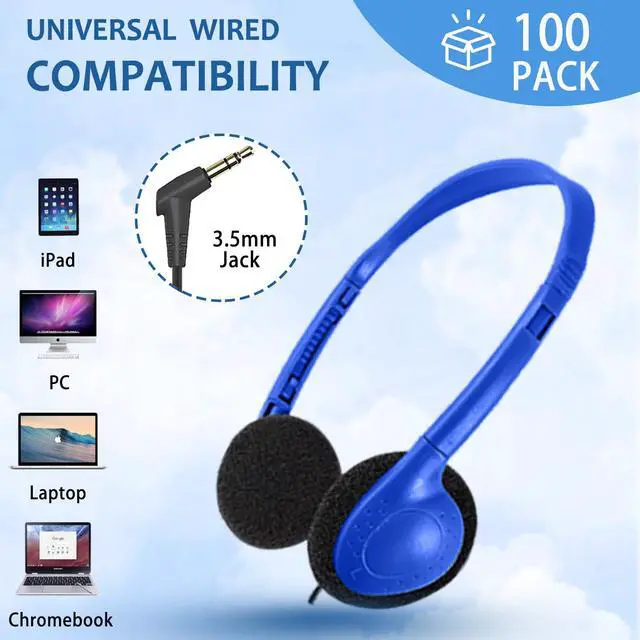 Alt view image 3 of 7 - 100 Pack Classroom Headphones,Bulk Headphone for Kids Student School, Wired On-Ear Headphones for Chromebook Laptop Computer, Bulk Wholesale, 3.5mm Jack(Blue)