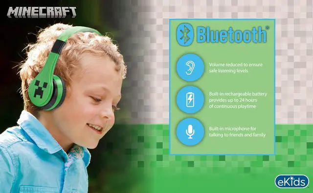 Alt view image 2 of 7 - Minecraft Kids Bluetooth Headphones, Wireless Headphones with Microphone | Volume Reduced and Adjustable Headband