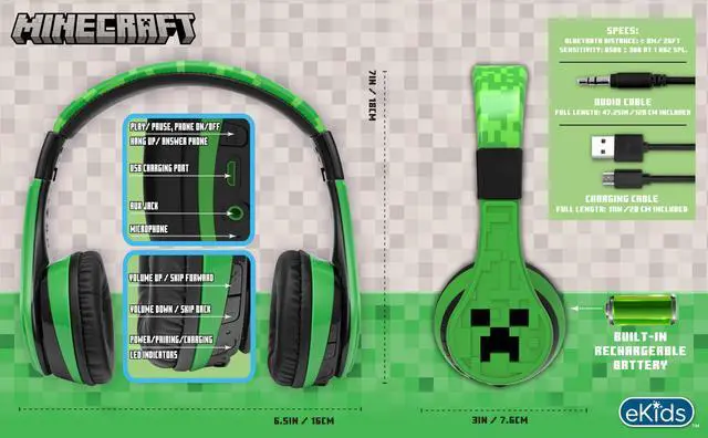 Alt view image 6 of 7 - Minecraft Kids Bluetooth Headphones, Wireless Headphones with Microphone | Volume Reduced and Adjustable Headband