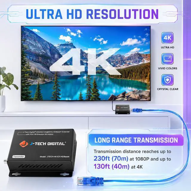 Alt view image 3 of 7 - 4K HDBaseT HDMI Extender Over Cat5e/6 Ethernet up to 230ft (1080P) 130ft (4K), Supports HDCP 2.2/1.4, RS232, Bi-Directional IR and PoC