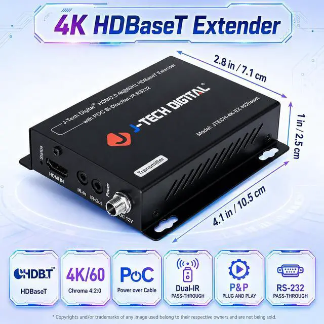 Alt view image 5 of 7 - 4K HDBaseT HDMI Extender Over Cat5e/6 Ethernet up to 230ft (1080P) 130ft (4K), Supports HDCP 2.2/1.4, RS232, Bi-Directional IR and PoC