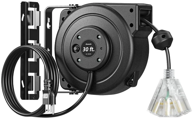 Main image of 30FT Retractable Extension Cord Reel,16/3C SJTOW Cord Reel 10 Amp, Lighted Triple Outlets, 180° Swivel Bracket, Ceiling/Wall Mount, Heavy Duty for Garage, Workshop, ETL Listed
