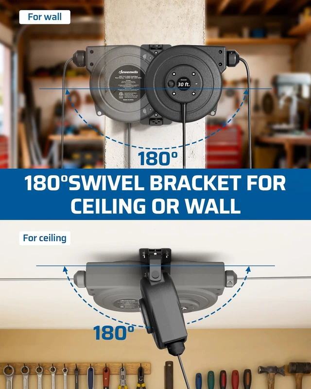 Alt view image 5 of 7 - 30FT Retractable Extension Cord Reel,16/3C SJTOW Cord Reel 10 Amp, Lighted Triple Outlets, 180° Swivel Bracket, Ceiling/Wall Mount, Heavy Duty for Garage, Workshop, ETL Listed